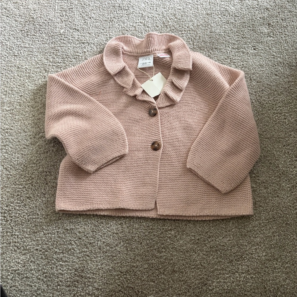 NWT Zara Kids Dusty Pink Knit Cardigan Ruffled Buttoned Down 18-24 months